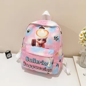 Cute gradient pink cartoon kids school backpack with front pocket and comfortable shoulder straps.