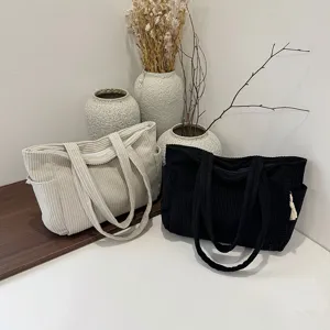 Large capacity corduroy tote bag for women, minimalist retro casual shoulder handbag.