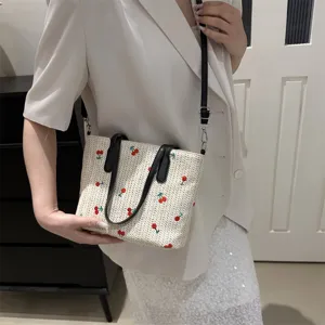 Summer woven tote bag with cute cherry embroidery, large capacity shoulder bag for daily travel.