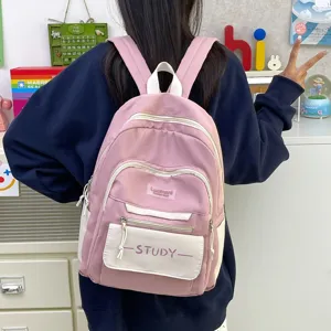 Korean style large capacity pink student backpack casual minimalist school book bag detail view