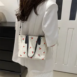 Summer woven tote bag straw shoulder handbag with cherry embroidery for commuter women fashion