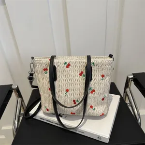 Summer woven straw tote bag with cute cherry embroidery, large capacity shoulder bag for daily commute.