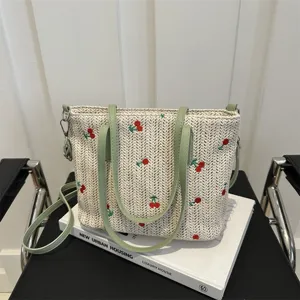 Summer straw woven tote bag large capacity cherry embroidered shoulder handbag for women