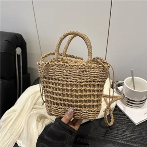 Summer straw woven bucket bag for women casual shoulder crossbody tote handbag with inner pouch