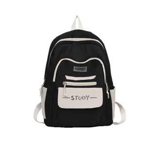 Korean casual minimalist student backpack, black white contrast, large capacity school bag.
