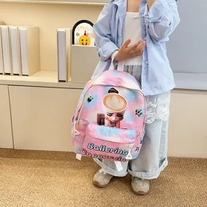 Kids school backpack with cute cappuccino print, gradient star design, large capacity for daily use.