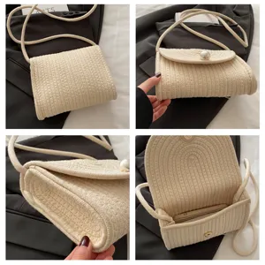 Woven crossbody bag detail showing cotton rope texture, elegant pearl closure and interior.