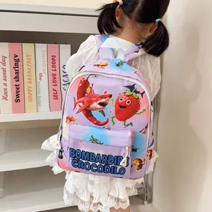 Children's cute cartoon school backpack with lovely shark and strawberry print for kids daily use