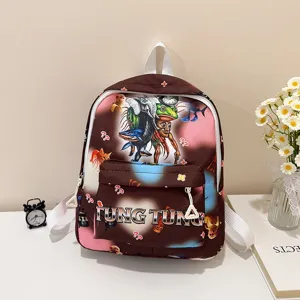 Detail shot of a cute cartoon printed children backpack with front pocket and straps.