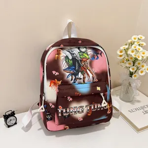 Children school backpack cute cartoon animal print brown casual daily book bag for kids