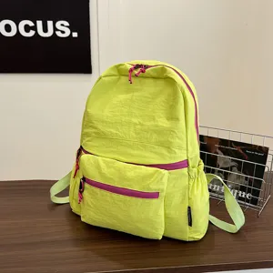 Neon yellow casual backpack with pink zippers, large capacity student school bag for daily use