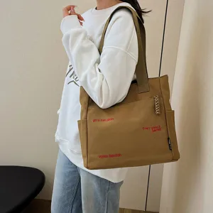 Canvas tote bag large capacity shoulder bag casual daily use brown color detailed view