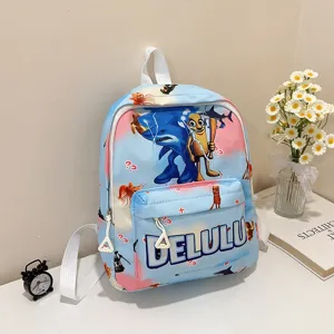 Kids cartoon school backpack with cute shark and wooden figure print for boys and girls school