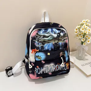 Detailed close-up view of kids black backpack featuring cool alligator plane graphic print.