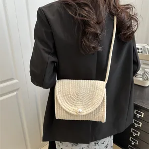 Handmade cotton linen woven bag with pearl envelope design, stylish shoulder crossbody bag.