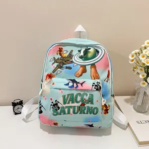 Cute cartoon print children backpack with front pocket, ideal for daily school and outdoor use.