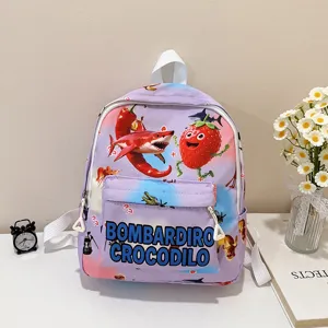 Detailed view of a vibrant purple children backpack with funny cartoon print and front pocket.