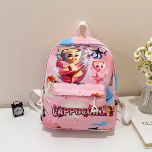 Pink cartoon kids backpack with cute dancing cup print, large capacity school bag for children.