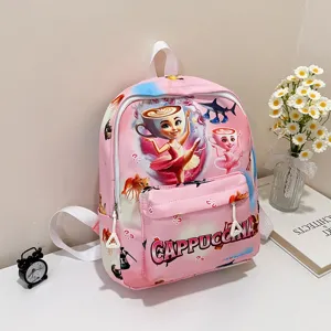 Pink cute cartoon coffee cup backpack for kids school, large capacity daily school book bag.