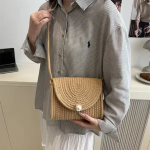 Handcrafted straw woven crossbody bag sweet girl style pearl envelope shoulder bag