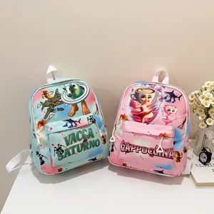 Children cartoon backpack detail view, cute graphic print school bag with front pocket.