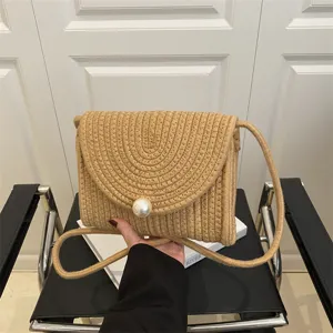 Handcrafted woven cotton-linen crossbody bag, sweet pearl envelope shoulder bag for women.