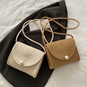 Woven straw crossbody bag with pearl clasp cute shoulder bag for daily casual use