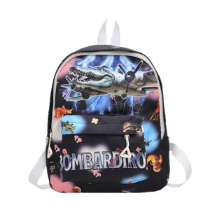 Kids cartoon backpack with cool crocodile airplane graphic design, spacious school bag for kids.