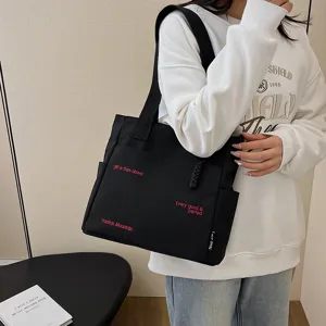 Black canvas tote bag large capacity casual shoulder bag student book bag for daily use