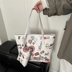 Women large capacity tote bag doodle print commute shoulder handbag with matching pouch