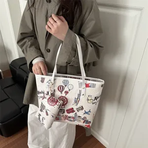 Women large capacity tote bag cartoon doodle print shoulder handbag with matching pouch