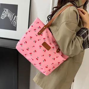 Pink cherry print tote bag for women, large capacity casual shoulder bag for daily commute.