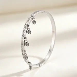 Silver titanium steel bangle bracelet featuring sparkling pavé cubic zirconia and hanging charms.