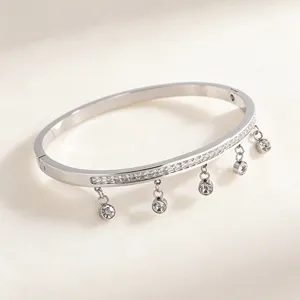 Close-up of silver titanium steel bangle detail with micro-set crystals and dangling charms.