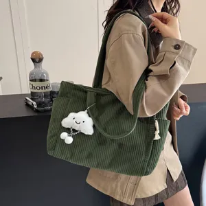 Green corduroy tote bag for women, large capacity stylish shoulder handbag main view.