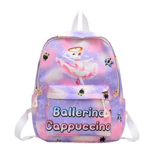 Cute pink purple gradient cartoon ballerina backpack for kids school student daily use.