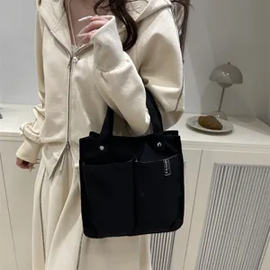 Schwarze Segeltuchtasche mit mehreren Taschen lässige Studenten-Lunch-Tasche Handtasche