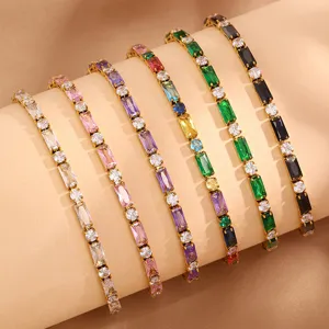 Elegant crystal tennis bracelet set featuring sparkling baguette cut stones in vibrant colors.