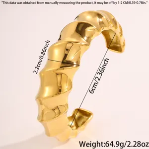 Gold crinkle open cuff bracelet detail view showing size width and weight specs.