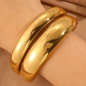 Thick gold stainless steel chunky cuff bracelets detail, trendy stacked open bangles for women