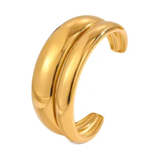 Gold stainless steel wide cuff bracelet for women, stylish layered open stacking bangle.