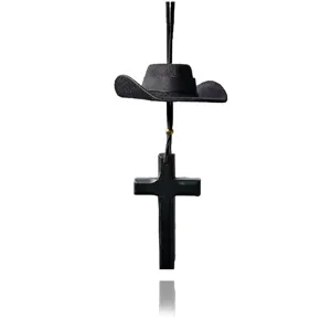 Retro wooden cross cowboy hat car hanging ornament rearview mirror pendant decor detail view