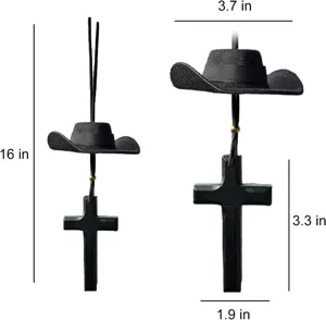 Retro wooden cross cowboy hat car hanging ornament detail view showing dimensions and materials.