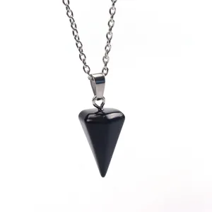 Natürlicher schwarzer Achat Kristall Stein Kegel Pendel Halskette Anhänger Schmuck Detail.