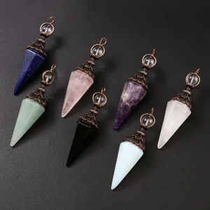 Colgante de Péndulo de Columna de Cristal Hexagonal Grande Para Adivinación Curación Collar de Punta de Piedra Natural Joyería de Aleación