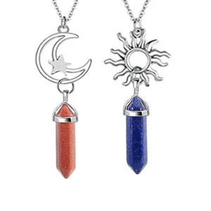 Collana pilastro esagonale cristallo sole luna stella dettaglio, gioiello di coppia.
