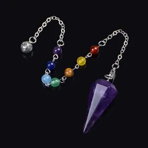 Natürlicher Kristall Hexagon Pendel Halskette mit 7 Chakra Perlen und Metallkette Mode.