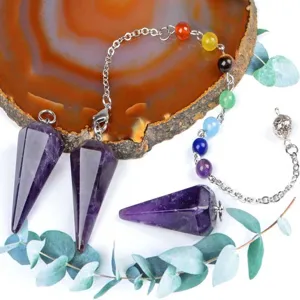 Natürlicher Amethyst Kristall Sechseckiger Kegel Pendel Anhänger Chakra Perlenkette Schmuck