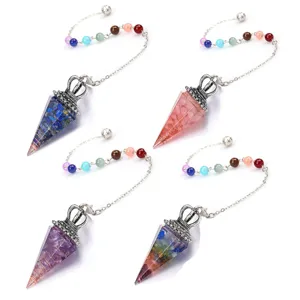 Harz Sechseckigen Kegel Kristall Anhänger Halskette Mit Krone Metallkappe Sieben Chakra Perlen Kette Heilung Punkt Pendel Halsketten Für Unisex Mode Schmuck