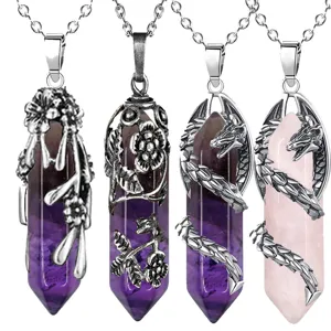 Naturstein Amethyst Rosenquarz Sechseckige Säule Anhänger Halskette mit silbernen Fassungen.